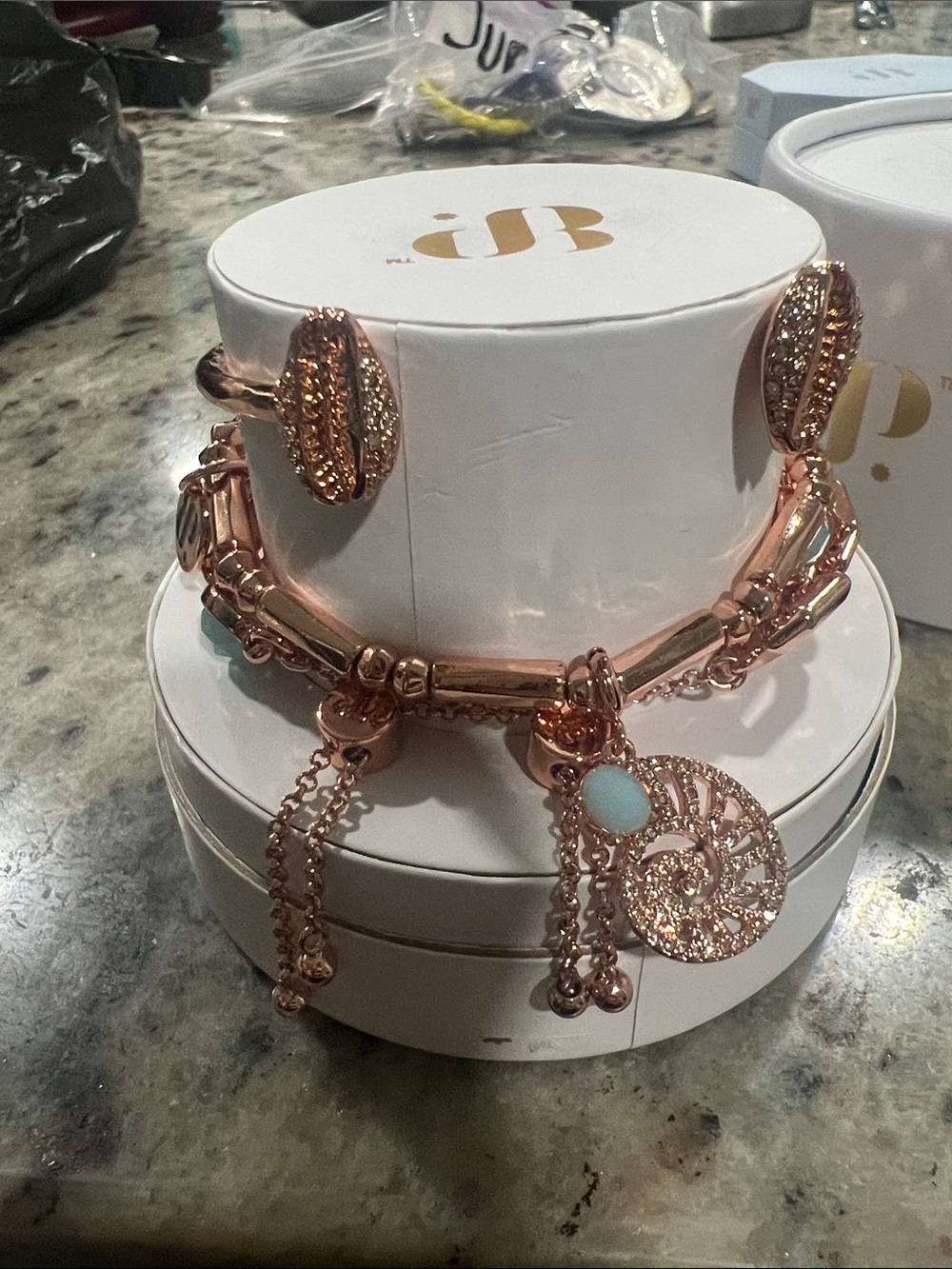 Rose Gold Stack Bracelet Set with Mint Green Stones - Picture 2 of 7